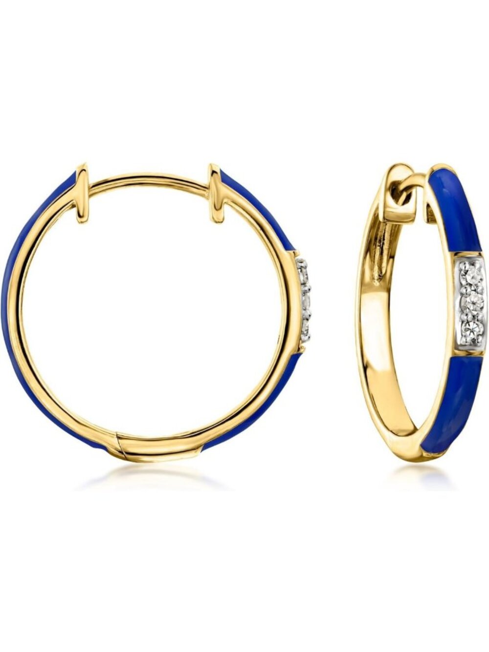 Navy Blue Enamel Diamond Hoop Earrings in 18kt Gold Over Sterling Silver